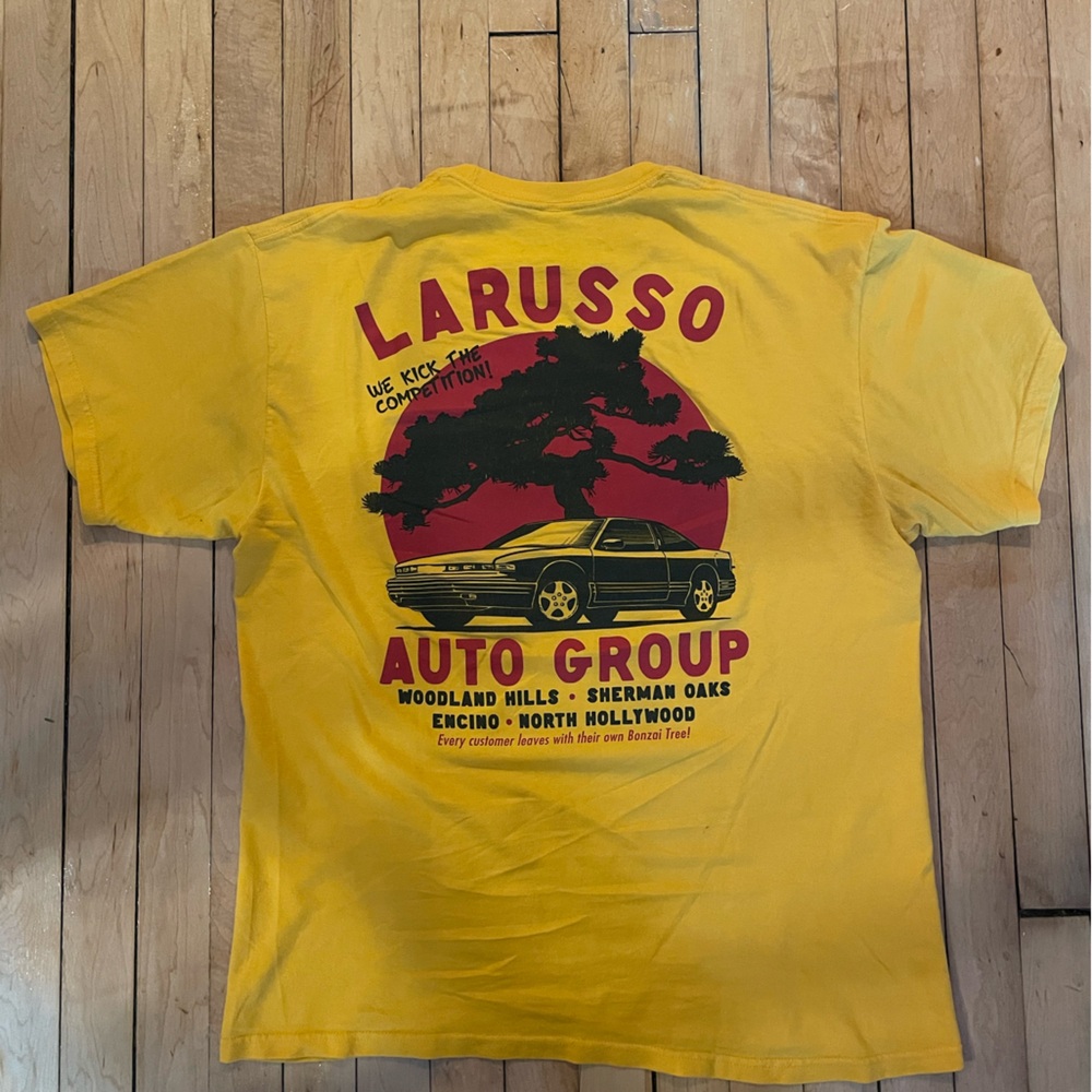 Larussso Auto Group Graphic T-Shirt | Cobra Kai Style | Yellow | Size L